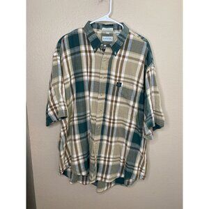 Vintage‎ Izod XL Mens Beige Teal Plaid Short-Sleeve Button-Down Shirt XL Cotton